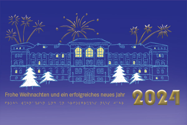 Neujahrskarte des BFW Halle 2024. Zeichnung des Haus 1, darüber Feuerwerk.